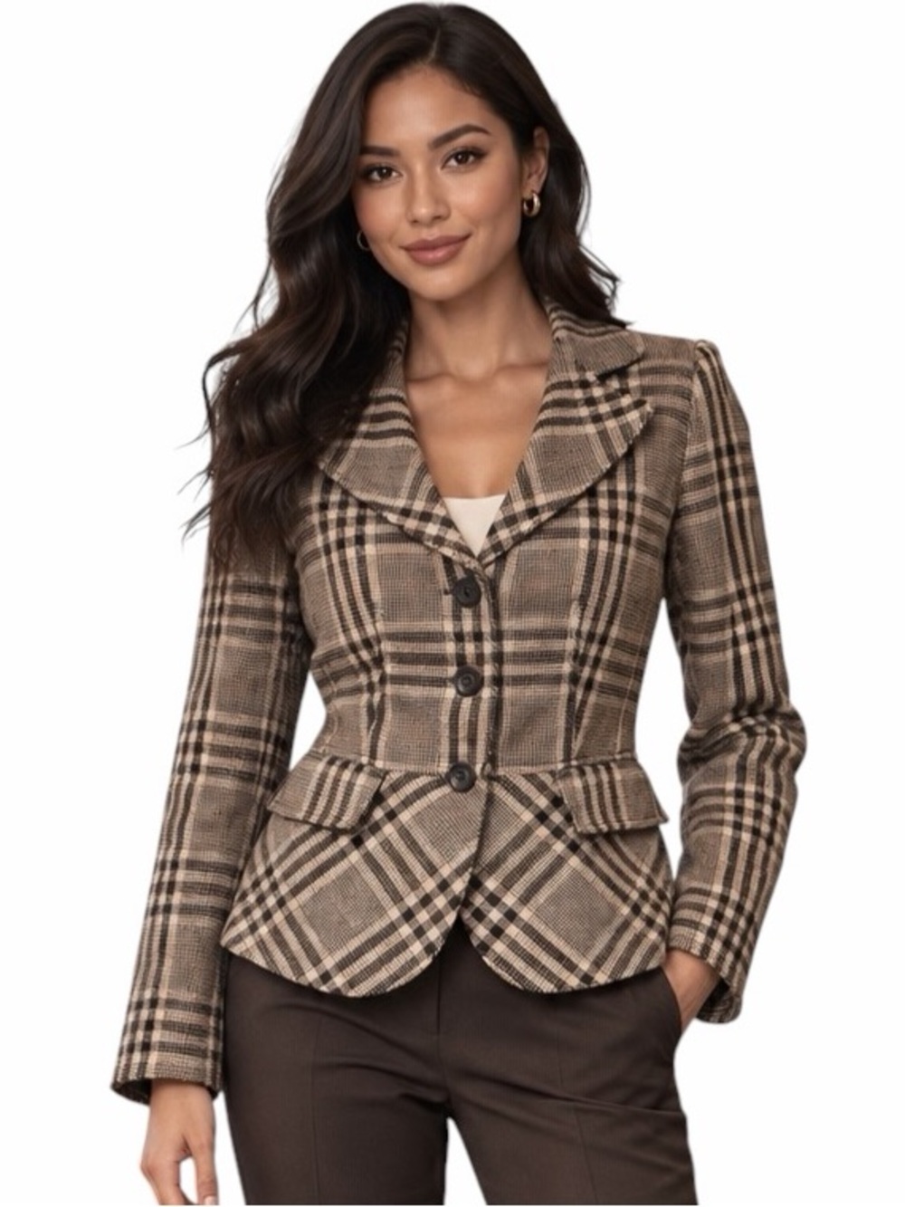 Ann Taylor 6 Brown & Tan Classic Tailored Plaid Blazer Office Professional Chic